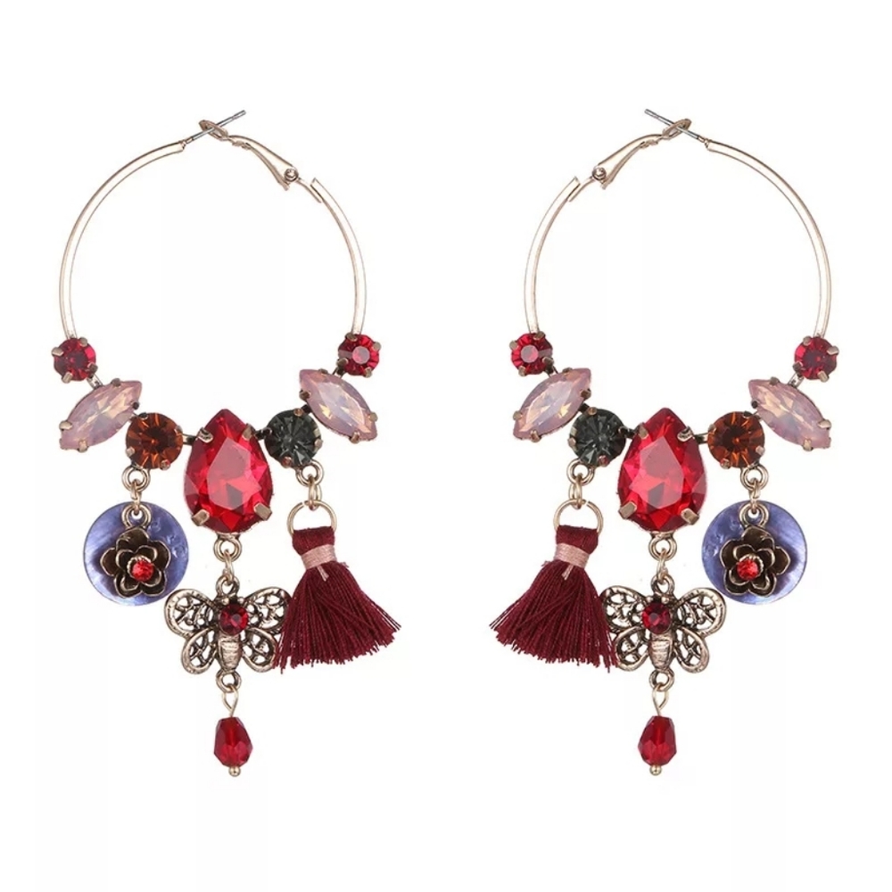 Ruby Red Crystal Rhinestone Tassle Hoops